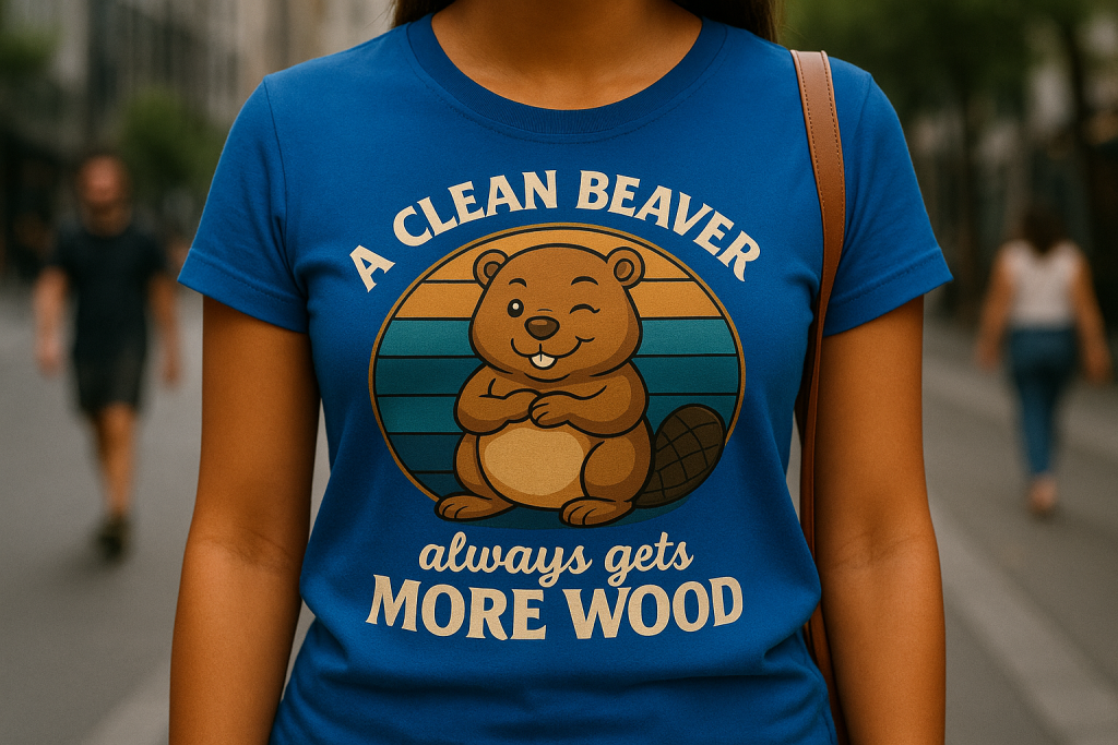 Blue t-shirt mock-up of a Latina woman with caramel skin, shown from the nose down, wearing a retro winking beaver design with belly-colored text on a city street.